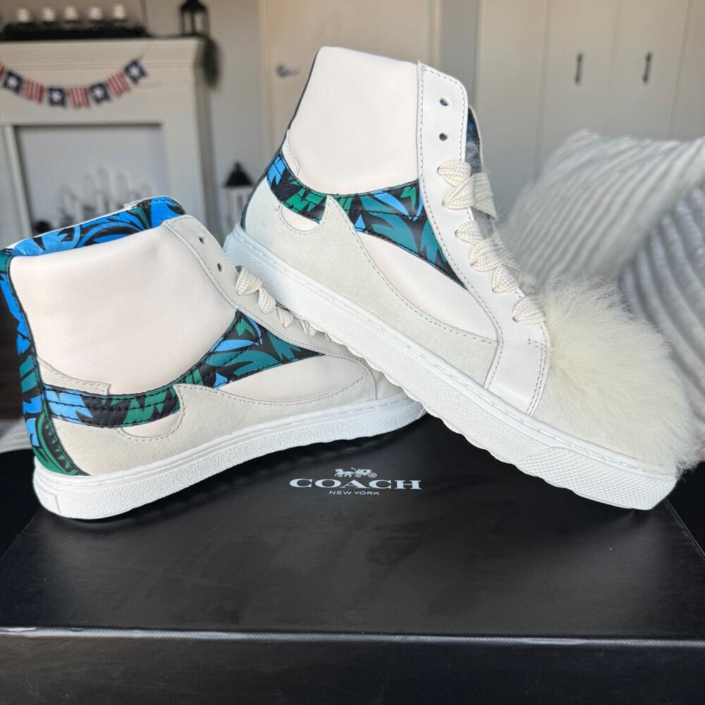 Coach C203 Fur High Top Sneakers Chalk White Leather Suede Women's Size 6.5M NIB
